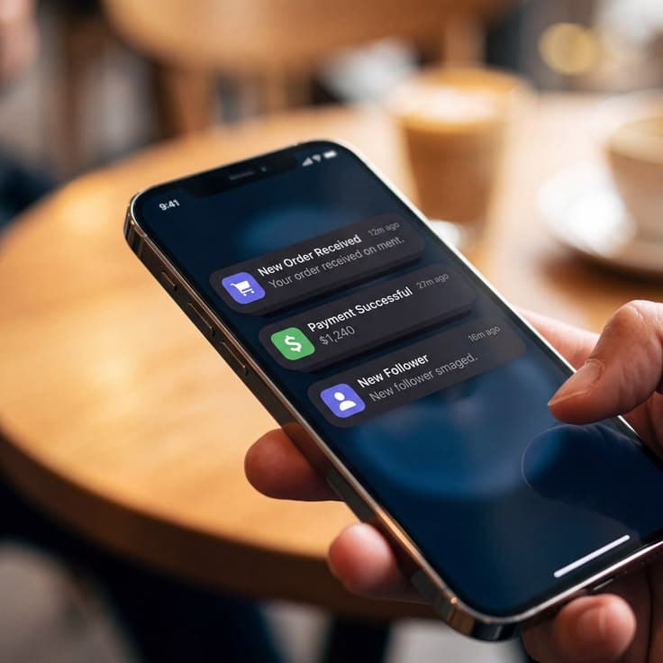 A hand holding a phone showing a payment notification, at a cafe table.